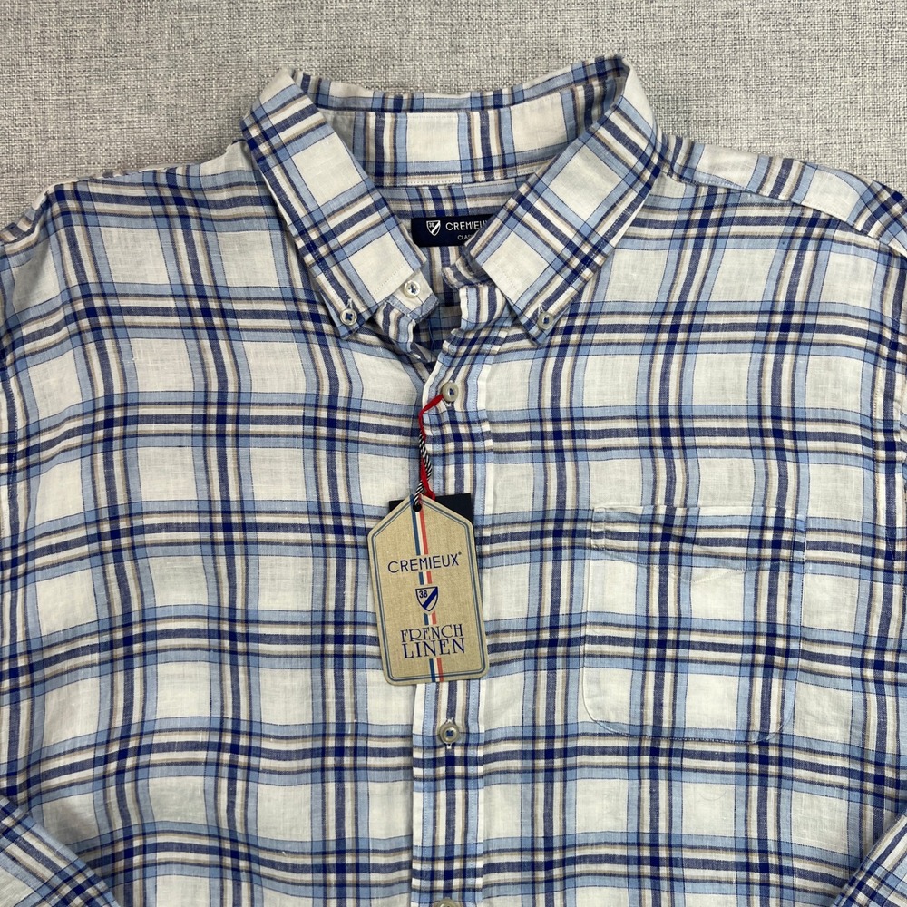 Cremieux French Linen Plaid Button Shirt Men XXL Blue White Prep Coastal NEW NWT